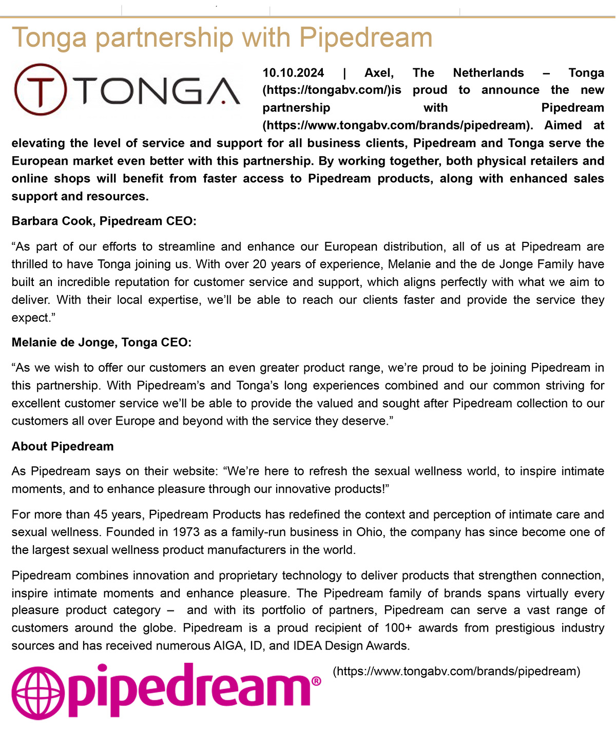 2024-10 Sign Online - Tonga partnership with Pipedream